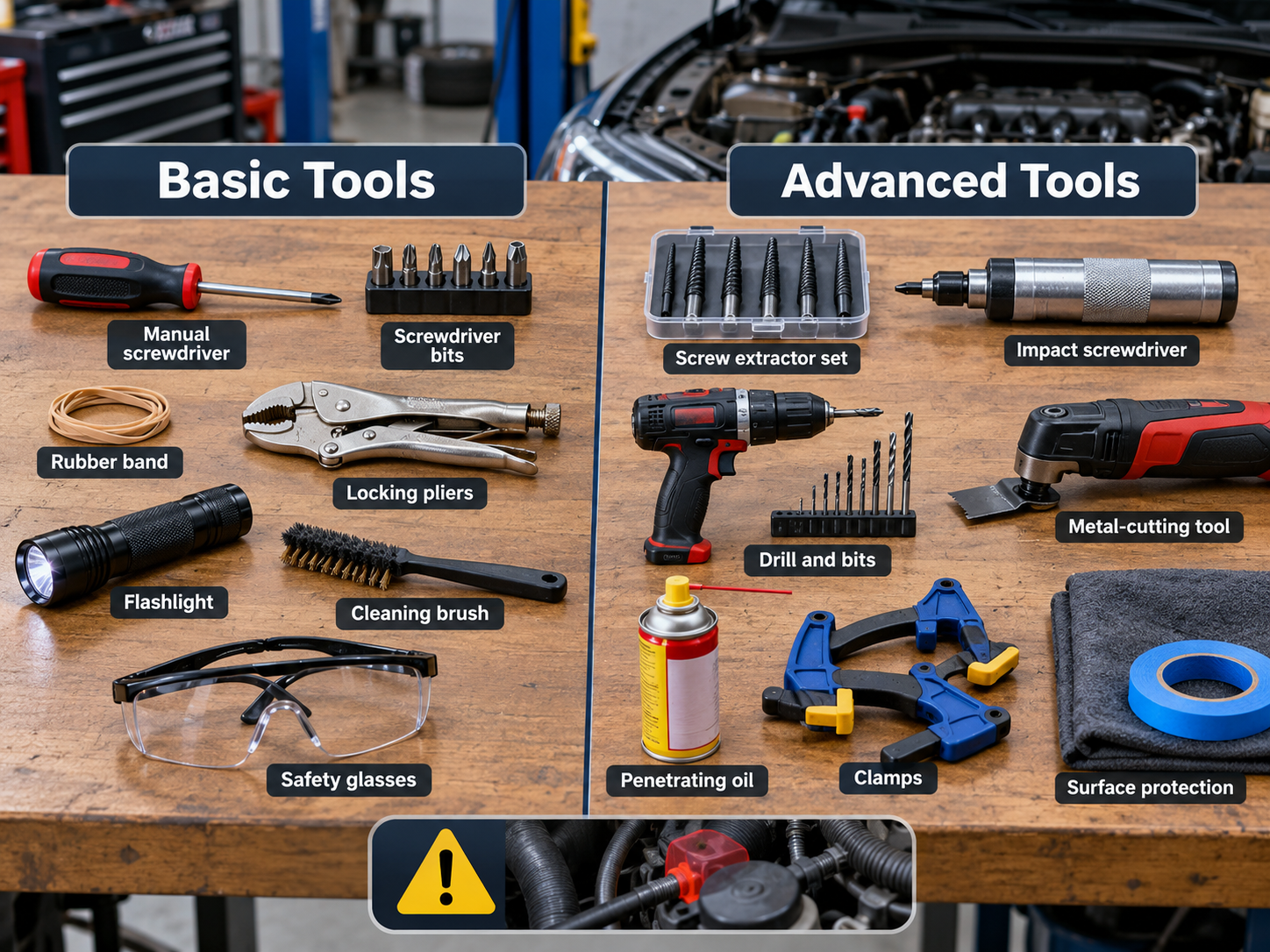 Basic and advanced tools used for removing damaged screws