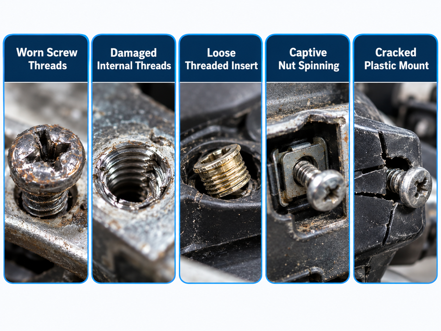 Causes of a screw spinning without coming out including damaged threads and loose inserts