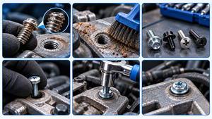 Inspecting threads, cleaning the mounting hole, choosing replacement screws and checking the finished automotive repair