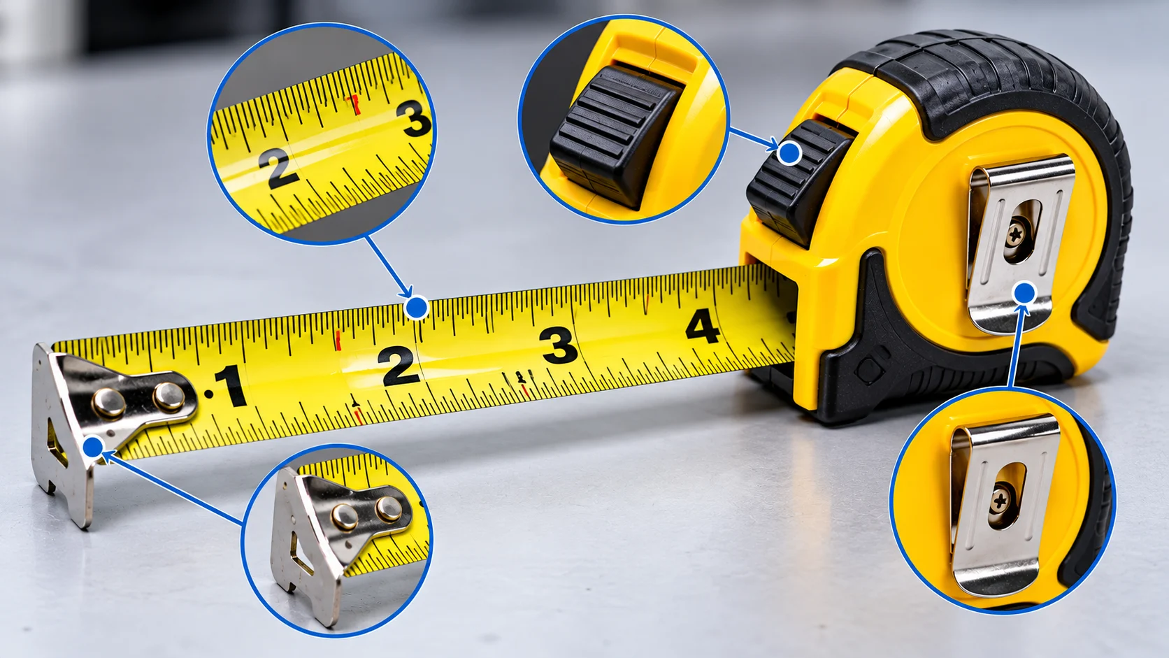 Parts of a tape measure including metal hook measuring blade locking mechanism and tick marks