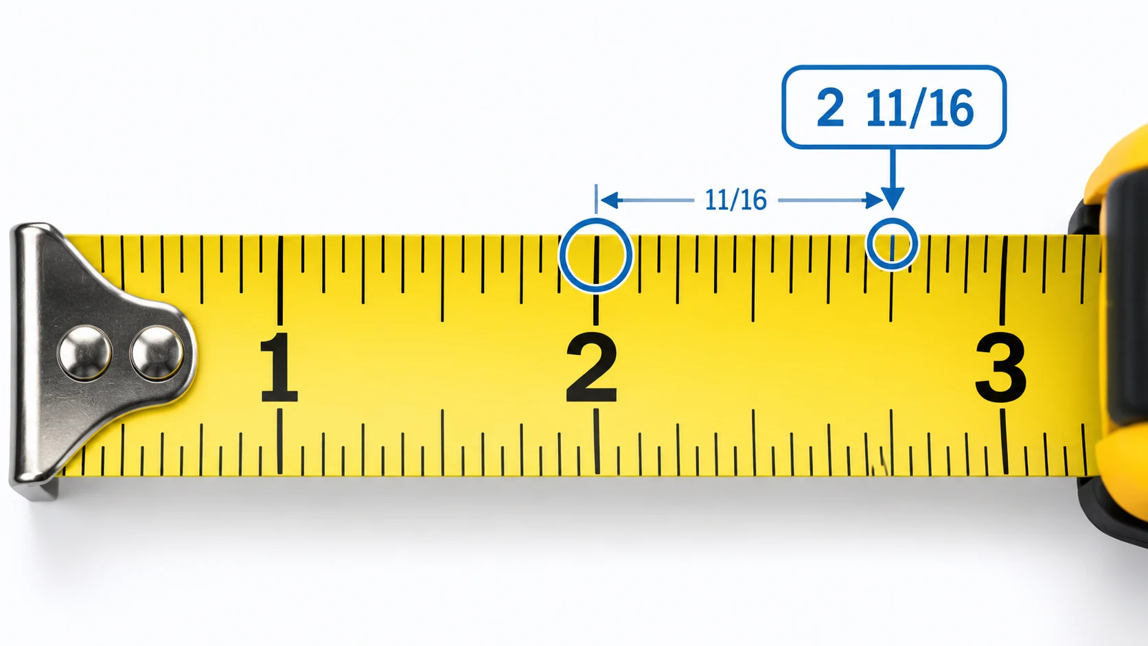 Tape measure illustrating how to identify a measurement of two and eleven sixteenths inches