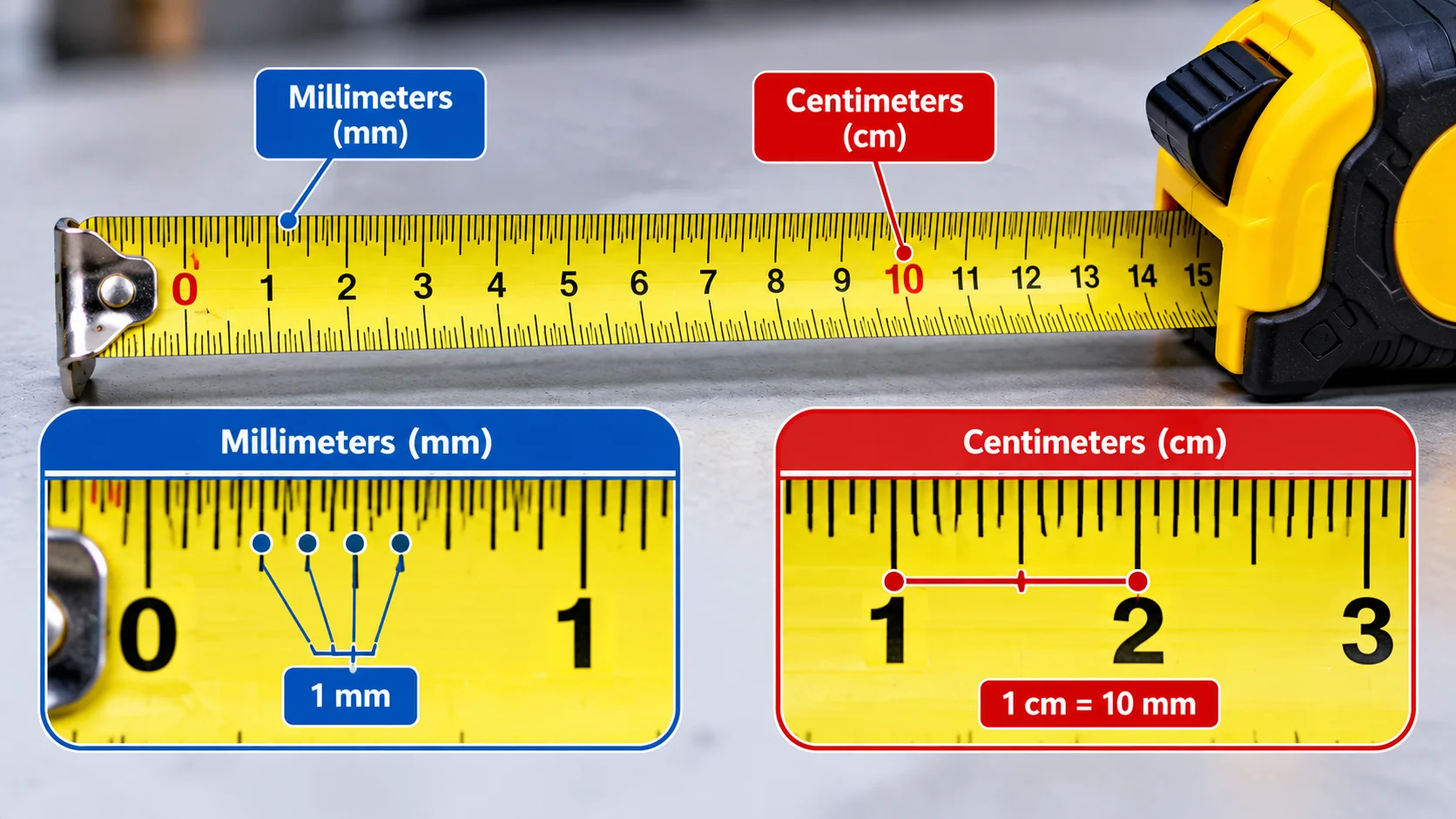 Metric measuring tape showing millimeters and centimeters with enlarged measurement markings