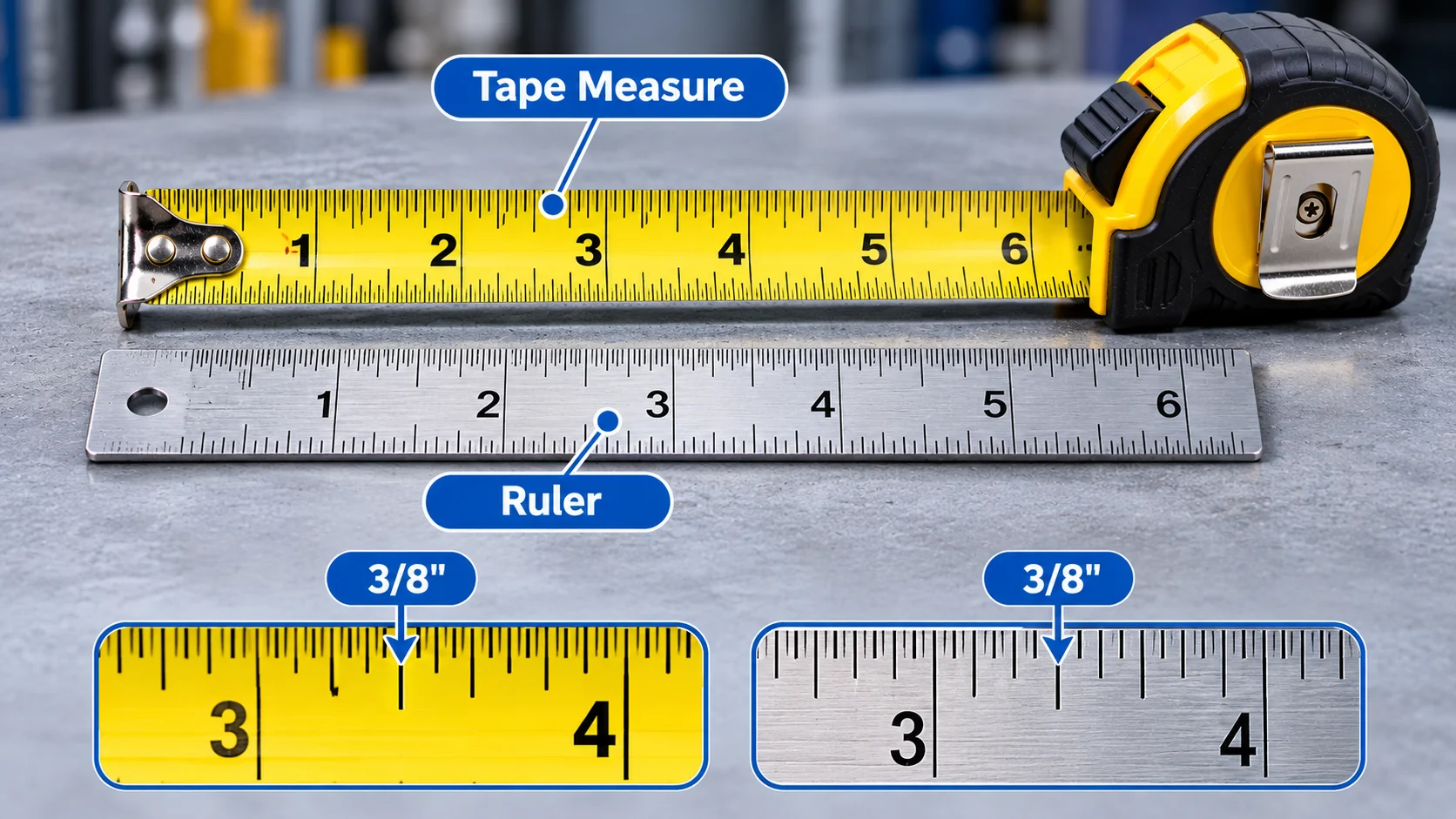 Comparison of measuring tape and metal ruler showing inch measurement marks