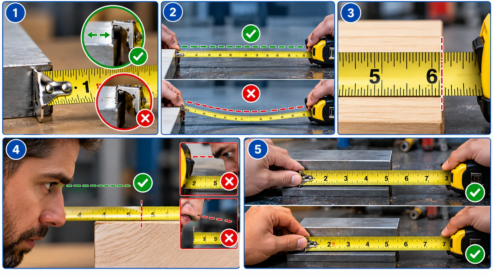 Five techniques for accurate tape measure readings including straight alignment correct hook placement and checking measurements