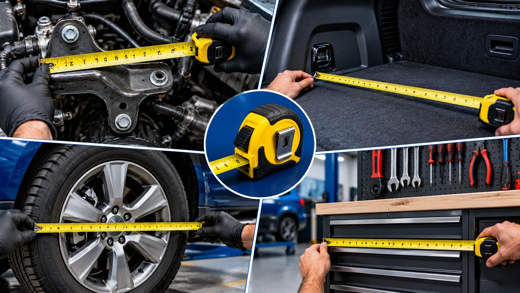 Different automotive and garage projects using a tape measure