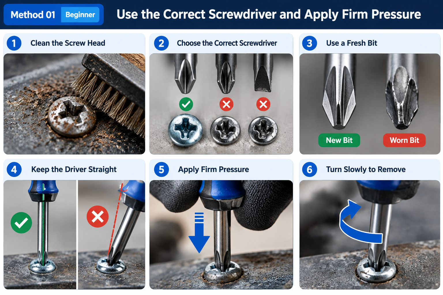 Correct screwdriver selection and pressure for removing a stripped screw