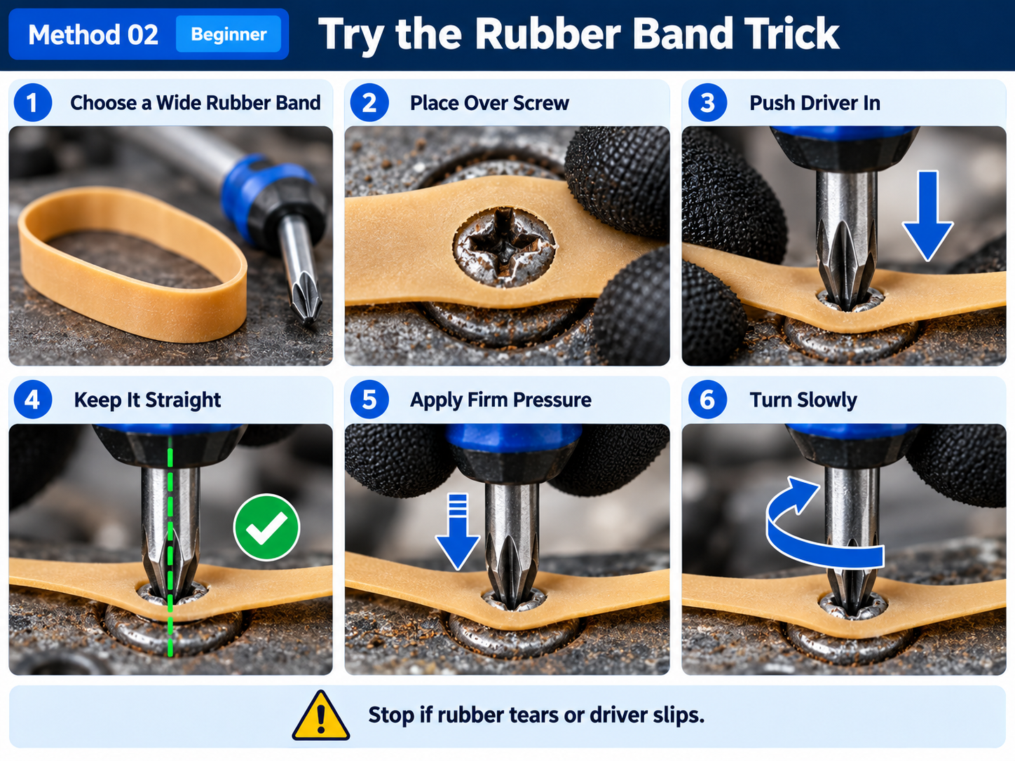 Rubber band technique for improving screwdriver grip on a stripped screw