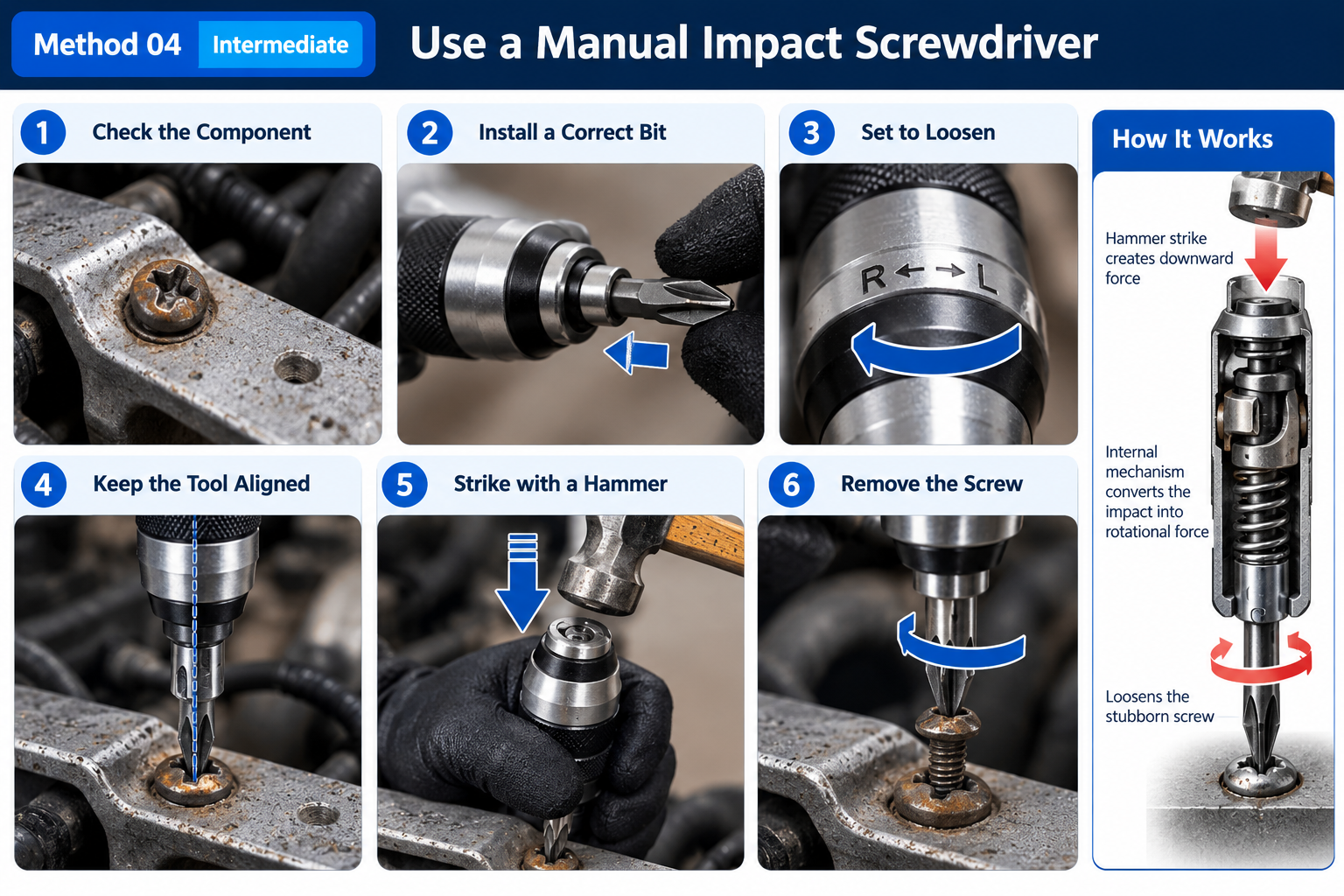 Manual impact screwdriver removal technique
