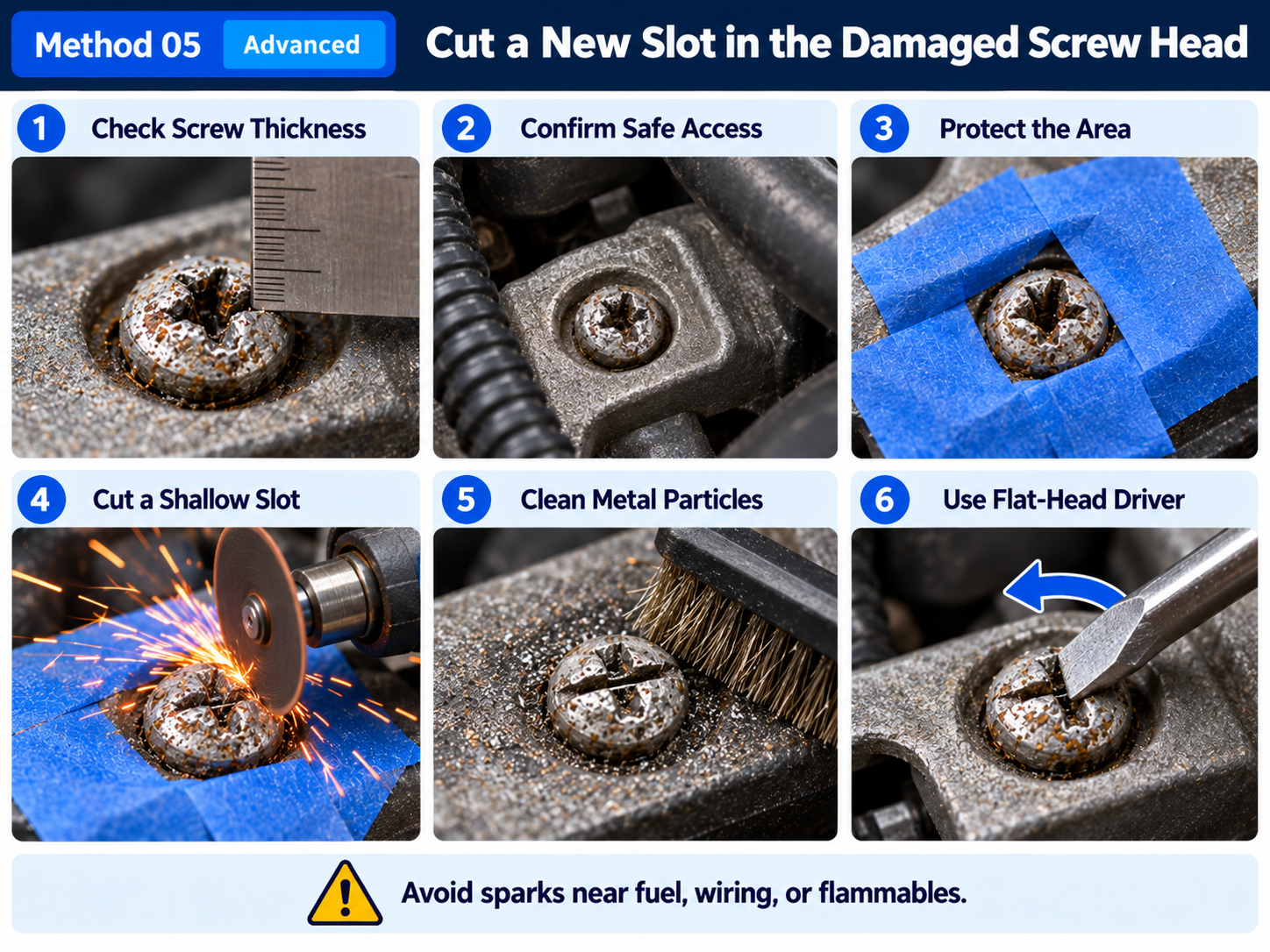 Cutting a new slot in a damaged metal screw head