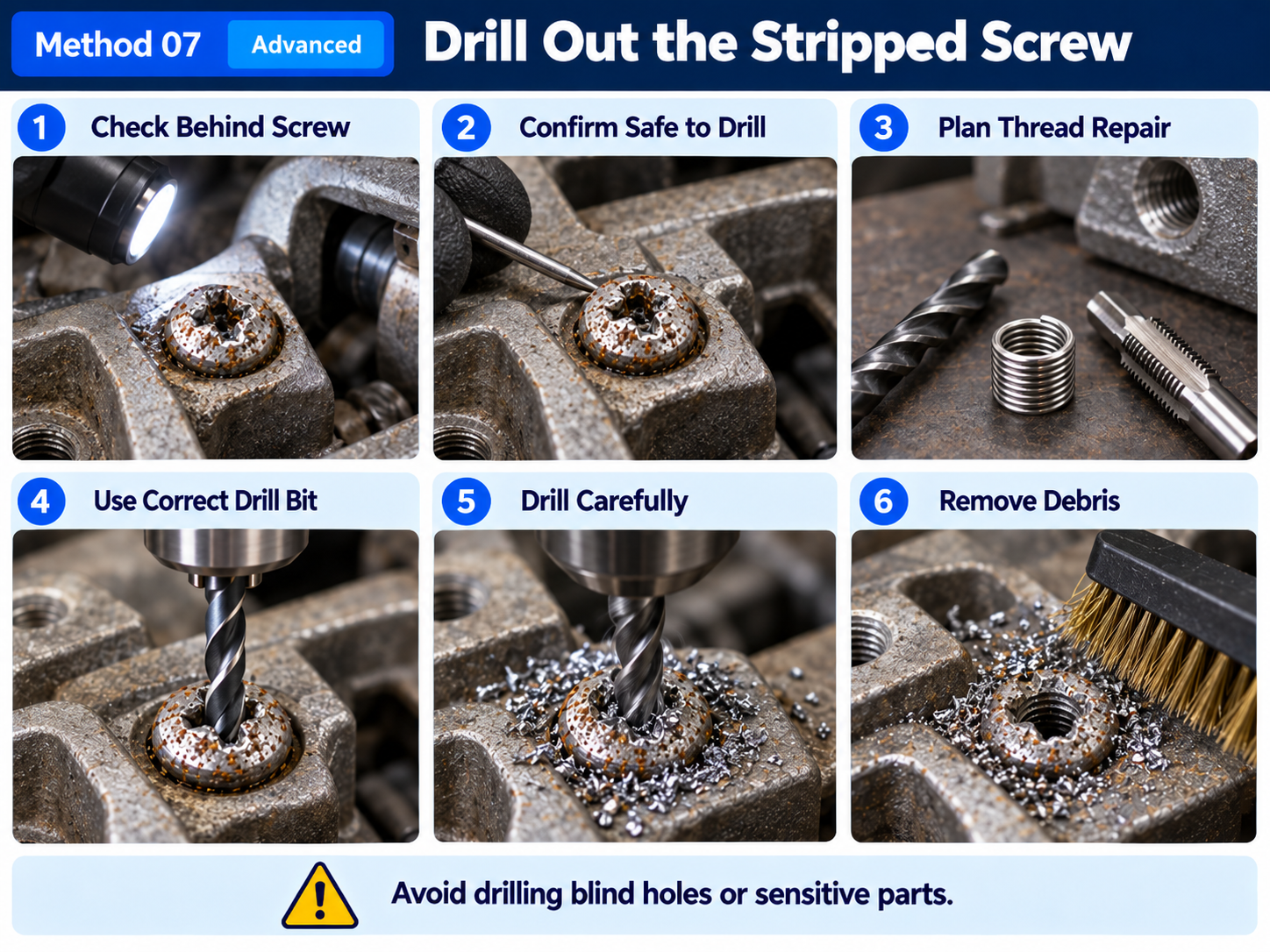Drilling out a stripped screw with suitable equipment