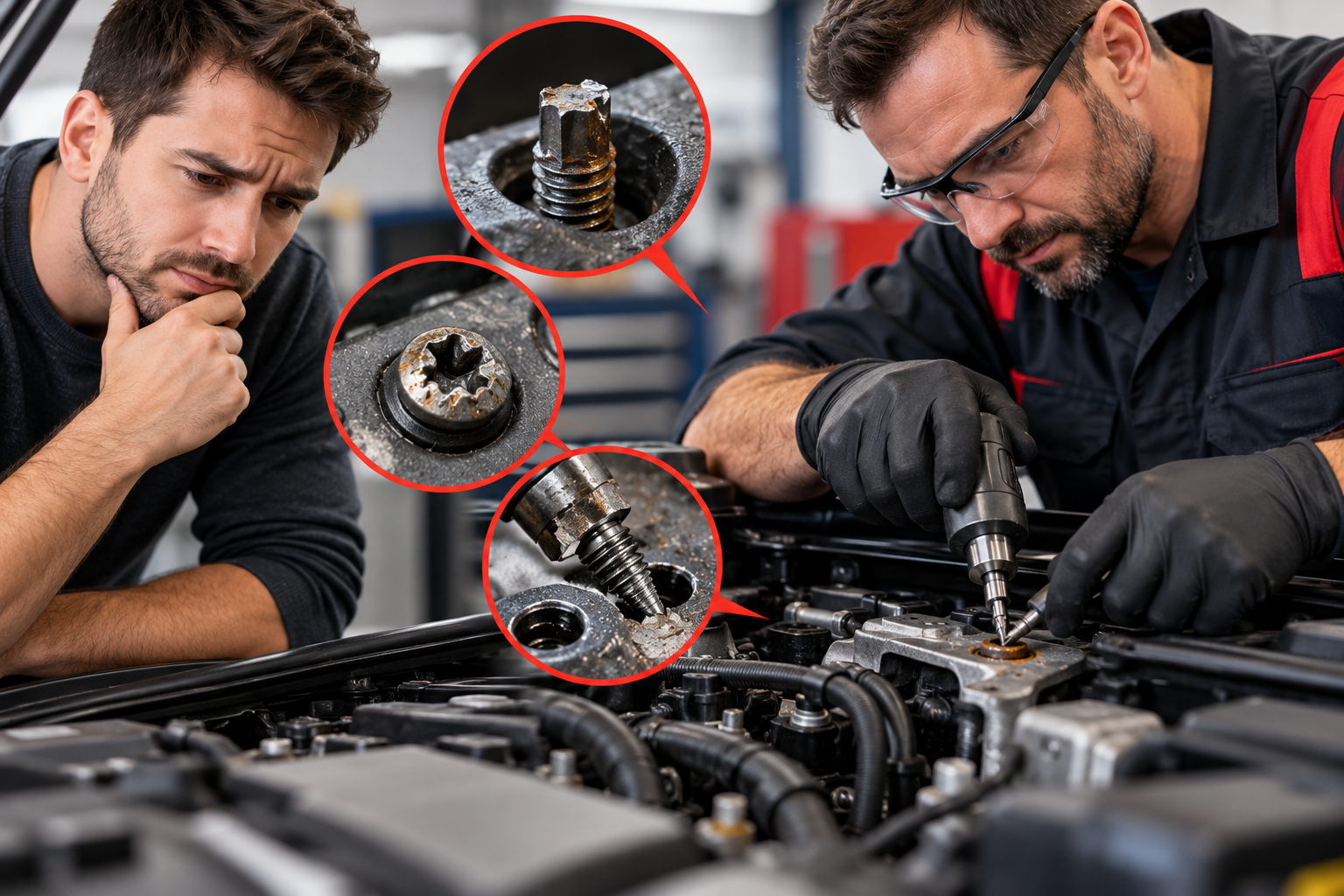 Automotive technician professionally removing a damaged fastener
