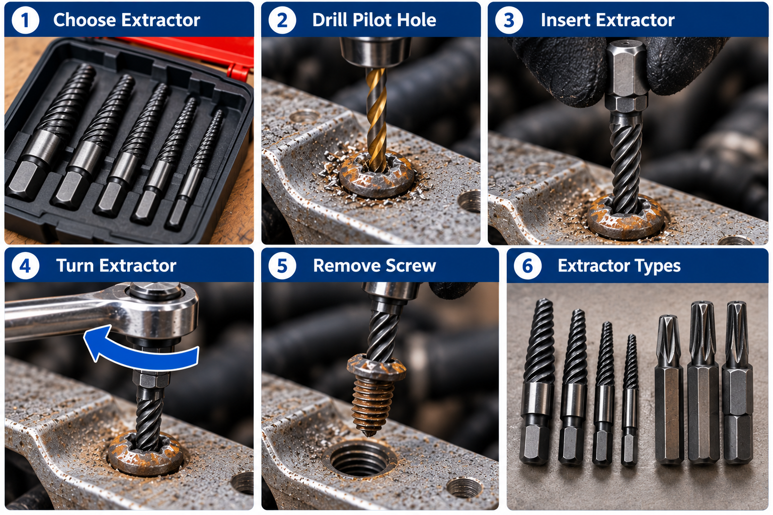 Screw extractor set and the process for extracting damaged screws