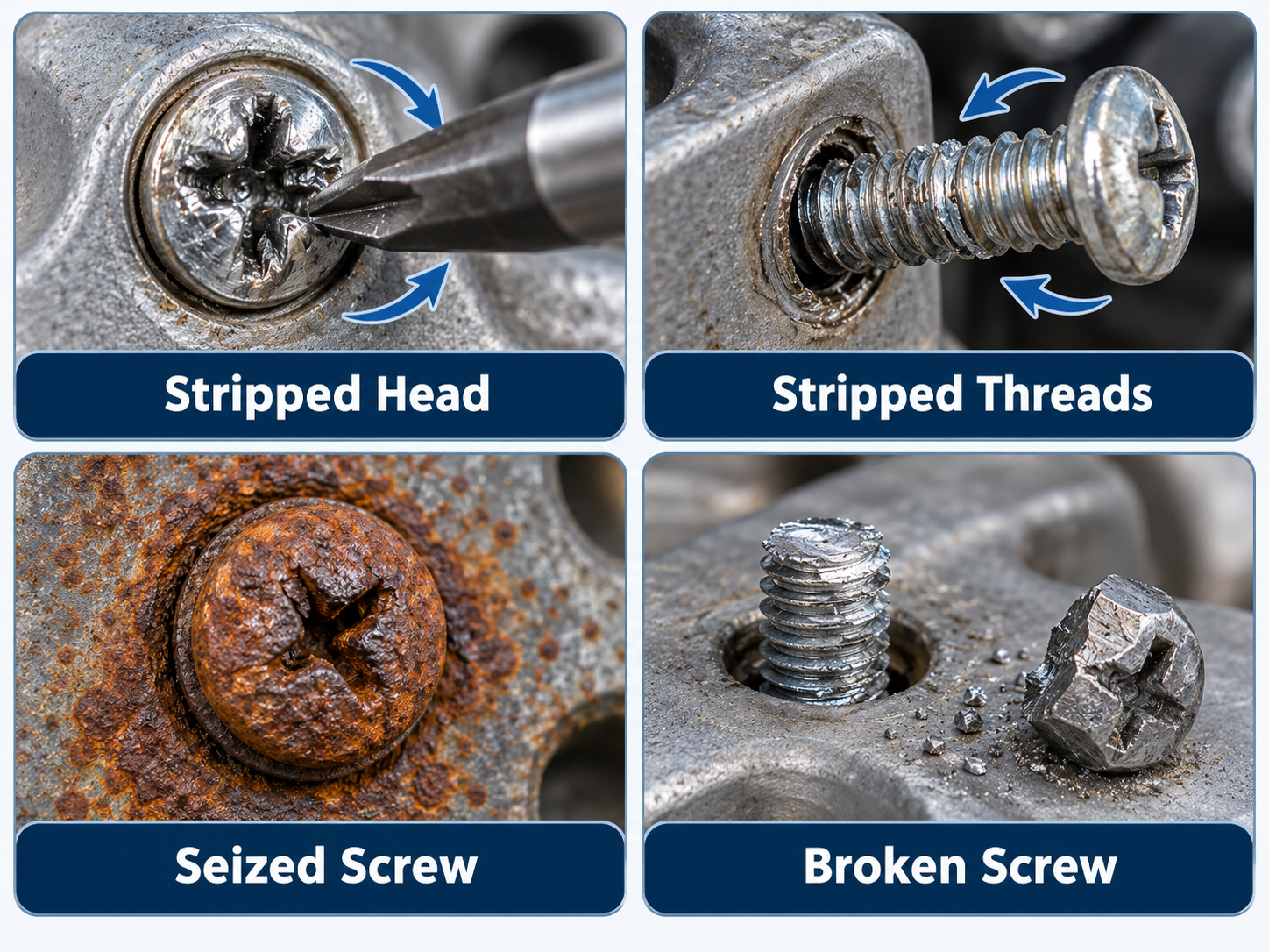 Stripped screw head, stripped threads, seized screw and broken screw comparison